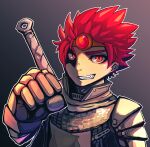  1boy armor chainmail circlet clenched_hand commentary_request gauntlets grey_background grin knight_(ragnarok_online) looking_at_viewer male_focus orange_eyes outline pauldrons ragnarok_online redhead short_hair shoulder_armor smile solo upper_body white_outline yottur 