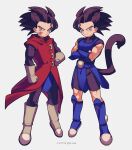  2boys aged_down armor black_eyes black_hair blue_footwear boots brothers closed_mouth coat commentary_request crossed_arms dated dragon_ball dragon_ball_legends giblet_(dragon_ball) gloves grey_background grey_footwear grey_gloves hand_on_hip highres hood hood_down hooded_coat looking_at_viewer male_focus monkey_tail multiple_boys red_coat saiyan_armor scar scar_on_cheek scar_on_face shallot_(dragon_ball) siblings simple_background smile spiky_hair standing tail twins twitter_username zero-go 