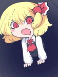  1girl ascot black_vest blonde_hair blush_stickers collared_shirt drooling fang fried_rice0614 hair_between_eyes hair_ribbon highres long_sleeves mouth_drool one-hour_drawing_challenge open_mouth red_ascot red_eyes red_ribbon ribbon rumia shirt short_hair solo touhou vest white_shirt 