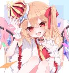  1girl :d absurdres ascot balloon blonde_hair blue_bow bow crown crystal fang flandre_scarlet fur_trim highres looking_at_viewer medium_hair one_side_up open_mouth red_eyes red_nails rori82li short_sleeves smile solo touhou wings wrist_cuffs yellow_ascot 