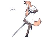  1girl animal_ears arknights black_footwear black_thighhighs brown_hair character_name elbow_gloves fox_ears fox_girl fox_tail franka_(arknights) gloves high_heels highres holding holding_sword holding_weapon id_card lanyard long_hair shirt simple_background skirt solo standing standing_on_one_leg sword tail thigh-highs weapon white_background white_gloves white_shirt white_skirt xiao_lu 