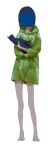  1girl absurdres aq_ll bare_legs blue_hair cat censored commentary_request feet full_body green_jacket green_raincoat highres holding_statuette hood hood_down identity_censor jacket long_sleeves original raincoat short_hair simple_background solo statue white_background 
