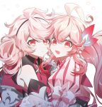  2girls :d absurdres ahoge black_hairband black_shirt blue_bow blush bow closed_mouth commentary_request detached_sleeves dress dual_persona dust_nani elsword eternity_winner_(elsword) gradient_bow hair_bow hair_ribbon hairband highres jacket juliet_sleeves korean_commentary laby_(elsword) long_hair long_sleeves looking_at_viewer multiple_girls open_mouth pink_bow pink_dress pink_eyes pink_hair pink_jacket pink_theme puffy_sleeves radiant_soul_(elsword) ribbon sharp_teeth shirt sleeve_bow smile teeth twintails upper_body 