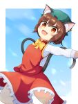 1girl :3 :d animal_ears brown_eyes brown_hair cat_ears cat_tail chen earrings fang green_headwear hat highres jewelry koruk700 mob_cap multiple_tails nekomata open_mouth short_hair single_earring smile solo tail touhou two_tails 