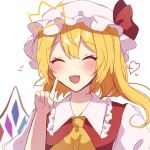  1girl ascot blonde_hair closed_eyes crown facing_viewer fangs flandre_scarlet hat hat_ribbon heart highres index_finger_raised mob_cap one_side_up open_mouth red_ribbon ribbon simple_background siomi_403 solo touhou upper_body white_background white_headwear yellow_ascot 