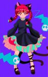  1girl :3 animal_ears blue_background bow braid cat_ears cat_tail dress hanadi_detazo kaenbyou_rin light_smile long_sleeves looking_at_viewer multiple_tails nekomata red_eyes redhead simple_background solo tail touhou twin_braids two_tails 