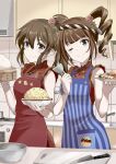  2girls apron bamboo_steamer bangs blue_apron blue_eyes bowl bracelet breasts brown_hair butterfly_ornament check_commentary china_dress chinese_clothes commentary_request cutting_board dress drill_hair dumpling flower food fried_rice frilled_dress frills hair_flower hair_ornament hands_up highres holding holding_plate holding_spatula idolmaster idolmaster_million_live! indoors jewelry kitchen kitchen_knife large_breasts light_blush long_hair looking_at_viewer medium_breasts multiple_girls one_eye_closed pearl_bracelet pinstripe_pattern plate ponytail print_apron print_dress red_apron red_dress satake_minako side_ponytail sidelocks sleeveless sleeveless_dress smile spatula striped takoyaki violet_eyes yokoyama_nao zash_zashzash 