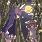  2girls bamboo bamboo_forest blazer blush_stickers brown_hair carrot_necklace cowboy_shot dress forest frilled_dress frills full_moon highres imperishable_night inaba_tewi jacket jewelry long_hair long_sleeves looking_at_viewer moon multiple_girls nako7575ko nature necklace open_mouth outdoors pleated_skirt purple_hair reisen_udongein_inaba short_hair short_sleeves skirt touhou very_long_hair 