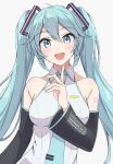  1girl absurdres aqua_eyes aqua_hair aqua_nails breasts commentary hatsune_miku highres long_hair looking_at_viewer medium_breasts nail necktie number_tattoo open_mouth simple_background smile solo tattoo tie_clip tomatology3 twintails upper_body very_long_hair vocaloid 