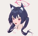  1girl animal_ear_fluff animal_ears bangs black_hair blue_archive blush cat_ears cropped_shoulders dated fang grey_background halterneck highres long_hair looking_at_viewer low_twintails open_mouth portrait red_eyes senshu serika_(blue_archive) signature simple_background solo sweatdrop twintails 