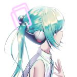  1girl aqua_eyes aqua_hair aqua_necktie bare_shoulders bloom commentary from_side glowing hair_ornament hand_up hatsune_miku hatsune_miku_(vocaloid4) headphones highres long_hair misho39 necktie open_mouth profile shirt simple_background sleeveless sleeveless_shirt solo twintails v4x vocaloid white_background white_shirt 