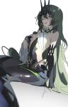  1girl :p bangs bare_shoulders black_dress black_gloves crown dress earrings gloves green_eyes green_hair highres honkai_(series) honkai_impact_3rd jewelry long_hair looking_at_viewer mobius_(honkai_impact) qtian simple_background single_earring sketch smile solo tongue tongue_out white_background 