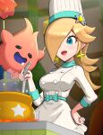  1girl alternate_costume blonde_hair blue_eyes breasts chef chef_hat chef_uniform cooking gonzarez hair_over_one_eye hat highres large_breasts luma_(mario) one_eye_covered open_mouth rosalina super_mario_bros. super_mario_galaxy 