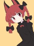  1girl animal_ears bangs black_bow black_dress bow braid cat_ears closed_mouth dress extra_ears hair_bow iroha-kuro kaenbyou_rin leaning_to_the_side long_sleeves looking_at_viewer medium_hair pointy_ears red_eyes redhead solo touhou twin_braids upper_body yellow_background 