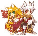  1boy 1girl armor bangs breastplate cape cat_boy cat_girl chainmail closed_mouth commentary_request crosier cross dress full_body furry furry_female furry_male gauntlets green_eyes hair_between_eyes high_priest_(ragnarok_online) holding holding_staff holding_sword holding_weapon juliet_sleeves leg_armor long_hair long_sleeves looking_at_viewer lord_knight_(ragnarok_online) low-tied_long_hair lowres margaretha_sorin open_mouth pauldrons puffy_sleeves ragnarok_online red_cape red_dress red_eyes ro_mugi sash scabbard seyren_windsor sheath short_hair shoulder_armor smile spiked_gauntlets staff sword tabard two-tone_dress weapon white_dress white_hair white_sash 