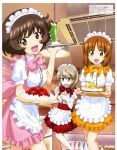  3girls :d absurdres akiyama_yukari apron bangs brown_eyes brown_hair ceiling ceiling_light cherry cup dress food frilled_dress frills fruit girls_und_panzer highres holding holding_food holding_notepad holding_pencil holding_tray ice_cream ice_cream_float indoors maid maid_apron maid_headdress mc_axis multiple_girls nishizumi_miho notepad official_art open_mouth orange_dress pancake pencil pink_dress puffy_sleeves red_dress scan shimada_arisu smile standing strawberry tray whipped_cream white_apron 