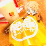 +_+ ahoge ahoge_wag america_(hetalia) axis_powers_hetalia black_gloves blonde_hair blue_eyes blurry blurry_background bomber_jacket chibi cup dated disposable_cup expressive_hair food glasses gloves happy hetaratable jacket male_focus miniboy on_table open_mouth saliva smile sparkle table v-shaped_eyebrows 