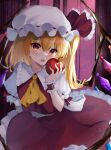  1girl :d apple ascot bangs blonde_hair blush commentary_request crystal fang flandre_scarlet food frilled_shirt_collar frills fruit hair_between_eyes hand_up hat highres holding holding_food holding_fruit indoors light_particles looking_at_viewer mob_cap murumuru_(pixiv51689952) one_side_up petticoat puffy_short_sleeves puffy_sleeves red_eyes red_skirt red_vest short_sleeves skin_fang skirt skirt_set smile solo touhou vest white_headwear window wings wrist_cuffs yellow_ascot 