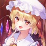  1girl :d ameria_(artist) blonde_hair blush collarbone commentary crystal fang flandre_scarlet frilled_shirt_collar frills hair_between_eyes hair_ribbon hand_up hat highres index_finger_raised looking_at_viewer mob_cap open_mouth portrait red_eyes red_ribbon ribbon side_ponytail skin_fang slit_pupils smile solo touhou white_headwear wings 