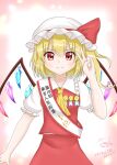  1girl absurdres artist_name ascot bangs blonde_hair blush closed_mouth collared_shirt commentary_request crystal dated flandre_scarlet gold grey_headwear hair_between_eyes hand_up hat hat_ribbon highres jewelry looking_at_viewer medal mob_cap multicolored_wings one_side_up pink_background puffy_short_sleeves puffy_sleeves px_ja_ma red_eyes red_ribbon red_skirt red_vest ribbon sash shirt short_hair short_sleeves skirt skirt_set smile solo standing touhou v v-shaped_eyebrows vest white_background white_shirt wings yellow_ascot 