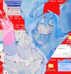  1girl absurdres blue_eyes blue_hair blue_jacket blue_screen_of_death blue_skirt blue_theme blue_thighhighs closed_mouth commentary digital_dissolve ene_(kagerou_project) error_message expressionless facial_mark falling glitch highres jacket kagerou_project long_hair long_sleeves looking_up skirt sleeves_past_fingers sleeves_past_wrists solo soresaki thigh-highs twintails windows windows_7 windows_xp zipper_pull_tab 