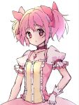  1girl bow choker collarbone gloves hair_bow highres jewelry kaname_madoka looking_at_viewer magical_girl mahou_shoujo_madoka_magica pendant pink_eyes pink_hair puffy_short_sleeves puffy_sleeves red_bow ruru_(rurumagi) short_hair short_sleeves short_twintails simple_background solo twintails upper_body white_background white_gloves 