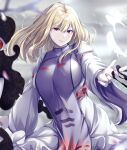  1girl blonde_hair blurry blurry_background breasts cowboy_shot dress gap_(touhou) highres juliet_sleeves large_breasts long_hair long_sleeves looking_at_viewer mirufui no_headwear parted_lips puffy_sleeves red_eyes smile solo standing tabard touhou white_dress wide_sleeves yakumo_yukari 