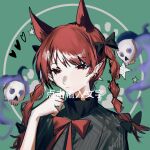 1girl animal_ears black_bow bow braid cat_ears dress expressionless extra_ears green_background hair_bow half-closed_eyes heart heinrich_(fernanderuddle) highres kaenbyou_rin pointy_ears red_eyes redhead skull solo star_(symbol) tail touhou twin_braids 