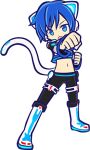 belly_button black_pants blue_eyes blue_hair cat_ears cat_girl crop_top detached_sleeves fighting_stance headphones microphone midriff navel pants puyopuyo tail white_boots