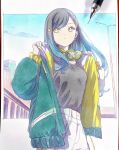  1girl adjusting_clothes black_hair black_shirt blue_hair blue_jacket breasts bridge day graphite_(medium) hair_ornament headphones headphones_around_neck highres jacket long_hair looking_to_the_side marker_(medium) mechanical_pencil outdoors pato_(ptro) pencil project_sekai shiraishi_an shirt shorts solo star_(symbol) star_hair_ornament traditional_media two-sided_fabric two-sided_jacket white_shorts yellow_eyes 