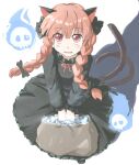  1girl animal_ears ao-shiba bag blush_stickers braid cat_ears cat_tail dress fang from_above hitodama holding holding_bag kaenbyou_rin looking_at_viewer multiple_tails nekomata red_eyes redhead shadow skull solo tail touhou twin_braids v_arms 