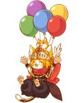  1boy animal_hands animal_on_head balloon bangs black_pants blonde_hair brown_capelet brown_coat capelet cat_boy closed_eyes coat commentary_request dog dog_on_head flying full_body furry furry_male head_wings lowres male_focus on_head open_mouth pants ragnarok_online red_scarf ro_mugi scarf shiba_inu short_hair simple_background smile solo summoner_(ragnarok_online) visor_(armor) whiskers white_background white_wings wings 