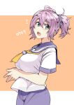  1girl :o aoba_(kancolle) ascot bangs blue_eyes blue_shorts blush breasts commentary_request hair_between_eyes kantai_collection large_breasts looking_back messy_hair own_hands_together pink_hair ponytail school_uniform serafuku short_sleeves shorts simple_background solo teeth tsukinami_kousuke two-tone_background upper_teeth yellow_ascot 