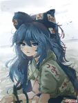 1girl bangs bird black_cat blue_bow blue_eyes blue_hair blurry blurry_background bow cat depth_of_field hair_between_eyes hair_bow highres hood hood_down light_particles long_hair looking_at_viewer messy_hair ocean outdoors overcast parted_lips ponytail shirt short_sleeves solo touhou twitter_username unamused wwparasi yorigami_shion 