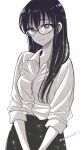  1girl bangs blush breasts buttons closed_mouth collared_shirt commentary dress_shirt glasses greyscale himawari-san himawari-san_(character) long_hair looking_at_viewer medium_breasts monochrome shirt shirt_tucked_in signature simple_background sketch skirt sleeves_rolled_up solo standing sugano_manami v_arms white_background 