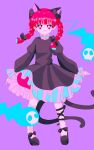  1girl :3 animal_ears bow braid cat_ears cat_tail dress hanadi_detazo highres kaenbyou_rin light_smile long_sleeves looking_at_viewer multiple_tails nekomata purple_background red_eyes redhead simple_background solo tail touhou twin_braids two_tails 