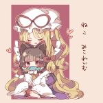  2girls animal_ears ascot barefoot blonde_hair blush_stickers bow brown_background brown_hair brown_tail cat_ears cat_tail closed_eyes detached_sleeves dress elbow_gloves frilled_bow frilled_hair_tubes frills full_body gloves hair_bow hair_tubes hakurei_reimu hat hat_ribbon heart highres long_hair mob_cap mouth_hold multiple_girls nako7575ko neko_miko_reimu open_mouth purple_dress red_bow red_ribbon red_shirt ribbon shirt simple_background sitting sitting_on_lap sitting_on_person sleeveless sleeveless_shirt tail touhou very_long_hair white_gloves white_headwear yakumo_yukari yellow_ascot 