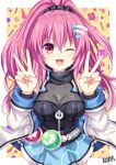  :d artist_name dot_nose double_v highres jacket lewdkuma maho_(neptune_series) musical_note one_eye_closed pink_hair smile v 