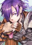  1boy armor closed_mouth eating fire_emblem fire_emblem:_three_houses fire_emblem_warriors:_three_hopes food gloves hair_ornament hair_over_one_eye highres holding long_hair long_sleeves looking_at_viewer medium_hair purple_hair shez_(fire_emblem) shez_(fire_emblem)_(male) short_hair simple_background toyota_saori violet_eyes 