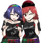  2girls ;d alternate_costume black_collar black_shirt blue_eyes blue_hair clothes_writing collar cowboy_shot erakokyu01 grin hand_on_another&#039;s_shoulder heart hecatia_lapislazuli index_finger_raised looking_at_viewer multicolored_clothes multicolored_hair multicolored_skirt multiple_girls one_eye_closed plaid plaid_skirt polos_crown red_eyes redhead shirt short_hair short_sleeves simple_background skirt smile standing t-shirt tenkyuu_chimata touhou white_background 