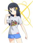  1girl akari_(pokemon) bangs black_hair blue_shorts closed_mouth commentary_request eyelashes grey_eyes hair_ornament hairclip hand_up highres ia_(ilwmael9) long_hair looking_at_viewer pokemon pokemon_(game) pokemon_legends:_arceus print_shirt shirt shirt_tug short_shorts short_sleeves shorts sidelocks smile solo t-shirt white_background 