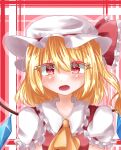  1girl ascot blonde_hair blush collared_shirt commentary_request crystal flandre_day flandre_scarlet frilled_shirt_collar frilled_sleeves frills hair_between_eyes hat hat_ribbon highres kisaragi_ao looking_at_viewer medium_hair mob_cap open_mouth puffy_short_sleeves puffy_sleeves red_background red_eyes red_ribbon red_vest ribbon shiny shiny_hair shirt short_sleeves side_ponytail simple_background solo touhou upper_body vest white_headwear white_shirt wings yellow_ascot 