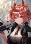  1girl absurdres arknights bangs black_gloves black_jacket breasts building day feather_hair fiammetta_(arknights) gloves gun highres holding holding_gun holding_weapon jacket kantai_collection light_particles looking_at_viewer medium_breasts necktie open_clothes open_jacket outdoors parted_lips red_eyes red_necktie redhead shirt short_hair short_sleeves solo sunlight tirufuran walkie-talkie weapon white_shirt 