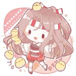  1girl animal bird blush_stickers chick full_body hachimaki headband high_ponytail highres japanese_clothes kantai_collection kimono light_brown_hair long_hair long_sleeves muneate nada_namie open_mouth red_shorts shorts smile solo white_kimono wide_sleeves zuihou_(kancolle) 