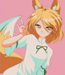  1990s_(style) 1girl animal_ears blonde_hair breasts brown_eyes chromatic_aberration closed_mouth commentary_request dutch_angle eyelashes film_grain fox_ears fox_girl fox_shadow_puppet fox_tail green_ribbon hanadi_detazo highres kudamaki_tsukasa light_brown_hair looking_at_viewer mandarin_collar medium_hair pink_background retro_artstyle ribbon romper short_sleeves simple_background small_breasts solo tail touhou white_romper 
