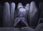  1girl 5others absurdres angel bangs blood blood_on_clothes blood_on_face bob_cut halo highres horror_(theme) multiple_others original red_eyes sakiika0513 white_hair 