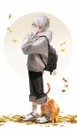  1boy absurdres autumn autumn_leaves backpack bag black_pants cat child glasses grey_sweater highres kneehighs looking_back male_child male_focus on_(onon2659) orange_cat original pants pants_rolled_up shoes short_hair simple_background sneakers socks standing sweater white_background white_hair yellow_eyes 