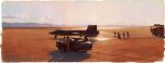  6+others aircraft car commentary_request desert ground_vehicle highres mikado_(winters) mixed-language_commentary motor_vehicle mountainous_horizon multiple_others original outdoors scenery shadow sky standing twilight walking x-15 