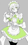  1girl :o alternate_costume apron back_bow bangs bow cowboy_shot cross-laced_clothes cross_tie cup detached_collar dot_nose dress enmaided frilled_cuffs frilled_dress frills fuji_fujino green_dress green_eyes grey_background hair_between_eyes highres holding holding_cup holding_kettle layered_sleeves looking_at_viewer magia_record:_mahou_shoujo_madoka_magica_gaiden mahou_shoujo_madoka_magica maid maid_headdress parted_lips puffy_short_sleeves puffy_sleeves sasame_yozuru short_dress short_hair short_sleeves simple_background solo swept_bangs thigh-highs 