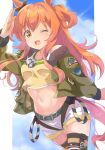  1girl animal_ears belt blue_sky clouds dog_tags dotton9 ear_bow feet_out_of_frame green_jacket hair_between_eyes highres horse_ears horse_girl jacket long_hair long_sleeves mayano_top_gun_(umamusume) navel one_eye_closed open_clothes open_jacket orange_eyes orange_hair shirt short_shorts short_twintails shorts sidelocks sky solo standing stomach tank_top twintails umamusume yellow_shirt 